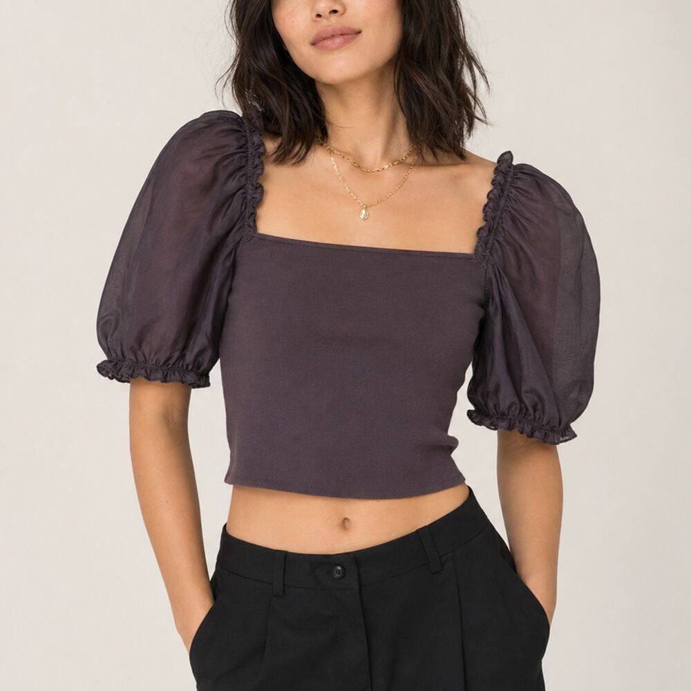 Aritzia Wilfred Cocoa Ribbed Puff Sleeve Top Size S